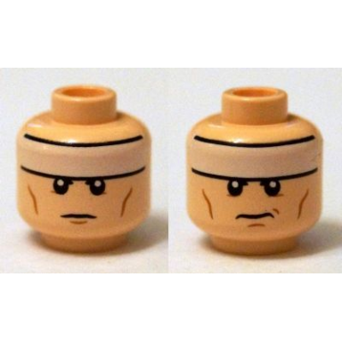 light nougat minifigure head dual sided white headband and cheek lines determined frown pattern batman