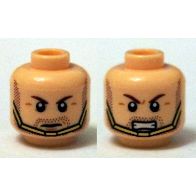 light nougat minifigure head dual sided brown eyebrows stubble beard gold chin strap serious bared teeth pattern hawkman