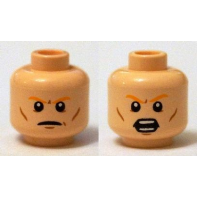 light nougat minifigure head dual sided orange eyebrows cheek lines closed mouth open mouth with teeth pattern