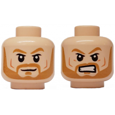 light nougat minifigure head dual sided medium nougat eyebrows and beard smirk angry with bared teeth pattern