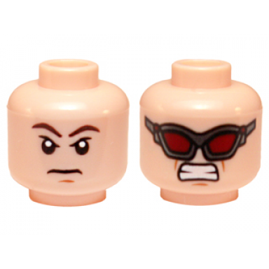 light nougat minifigure head dual sided brown eyebrows stern expression dark red goggles clenched teeth pattern hawkeye