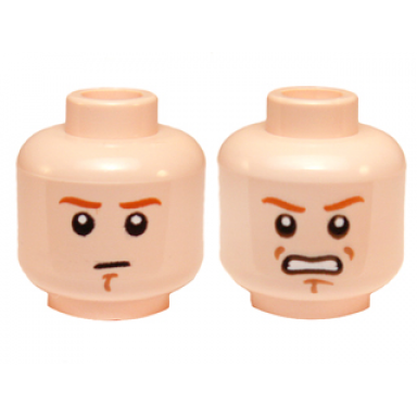 light nougat minifigure head dual sided dark orange eyebrows and chin dimple neutral angry bared teeth pattern