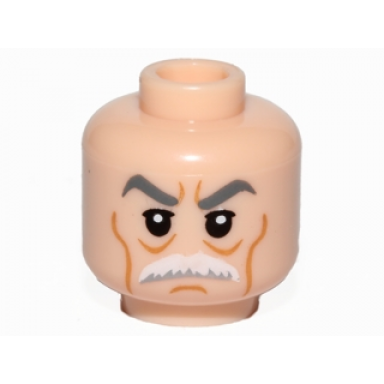 light nougat minifigure head dark bluish gray thick eyebrows upper eyelids white bushy moustache medium nougat cheek lines chin dimple and wrinkles stern pattern