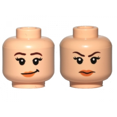 light nougat minifigure head dual sided female dark brown eyebrows black eyelashes nougat lips lopsided grin angry frown pattern