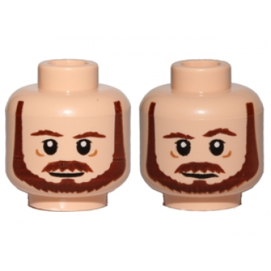 light nougat minifigure head dual sided beard brown eyebrows moustache white pupils neutral raised left eyebrow pattern sw qui-gon