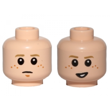 light nougat minifigure head dual sided child dark tan eyebrows medium nougat freckles and chin dimple concerned lopsided open mouth smile with teeth pattern sw anakin