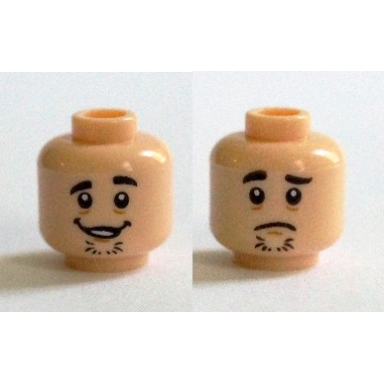 light nougat minifigure head dual sided black eyebrows chin stubble open mouth grin sad face pattern shaggy