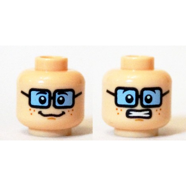 light nougat minifigure head dual sided female freckles blue tinted glasses smiling scared clenched teeth pattern velma