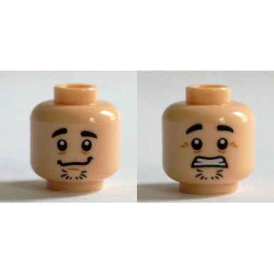 light nougat minifigure head dual sided black eyebrows chin stubble goofy smile scared clenched teeth pattern shaggy