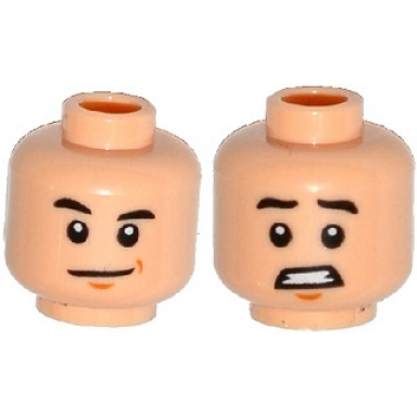 light nougat minifigure head dual sided black eyebrows chin dimple smile scared with clenched teeth pattern zach