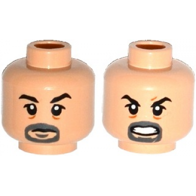 light nougat minifigure head dual sided goatee black eyebrows bags under eyes closed mouth open mouth with teeth pattern