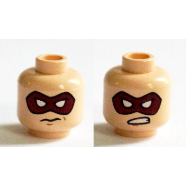 light nougat minifigure head dual sided dark red eye mask with white eye holes closed mouth bared teeth pattern arsenal