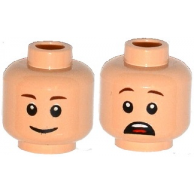 light nougat minifigure head dual sided reddish brown eyebrows smile open mouth scared with top teeth and red tongue pattern
