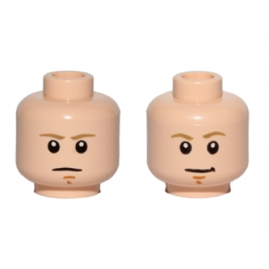light nougat minifigure head dual sided dark tan eyebrows chin dimple white pupils stern smile pattern sw luke skywalker