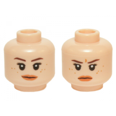 light nougat minifigure head dual sided female dark brown eyebrows black eyelashes freckles nougat lips neutral stern pattern