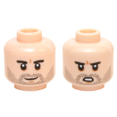light nougat minifigure head dual sided black eyebrows black stubble white pupils smiling open mouth scowling pattern sw poe dameron