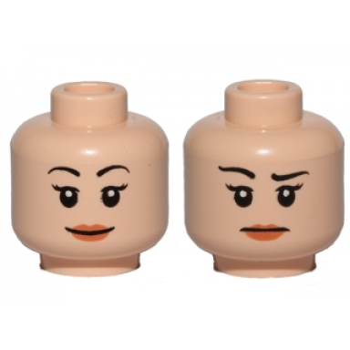 light nougat minifigure head dual sided female with black eyebrows pink lips smile concerned with raised right eyebrow pattern