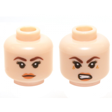 light nougat minifigure head dual sided female brown eyebrows eyelashes orange lips neutral angry pattern chell