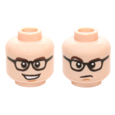 light nougat minifigure head dual sided black glasses with clear lenses dark brown eyebrows open mouth smile with teeth frown raised eyebrow pattern