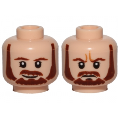 light nougat minifigure head dual sided beard brown eyebrows moustache white pupils smile frown pattern sw qui-gon