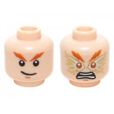 light nougat minifigure head dual sided dark orange and orange eyebrows medium nougat chin dimple smirk gold and white electrified eyes and angry open mouth with teeth parted pattern
