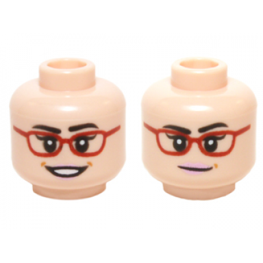 light nougat minifigure head dual sided female glasses red frames dark brown eyebrows with open smile slight smile pattern amy fowler