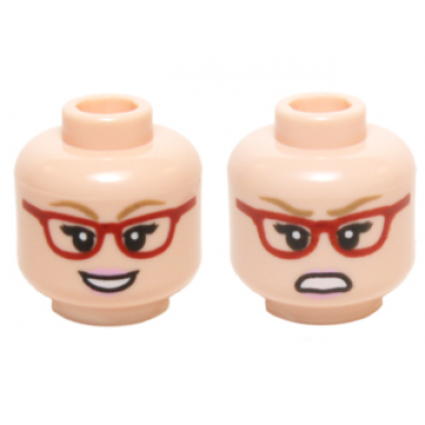 light nougat minifigure head dual sided female glasses red angled frames dark tan eyebrows with open smile angry pattern bernadette
