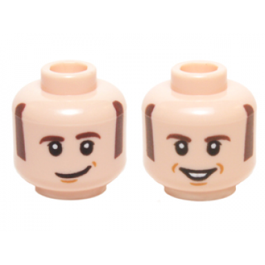 light nougat minifigure head dual sided dark brown sideburns and eyebrows white pupils with lopsided open smile pattern howard wolowitz