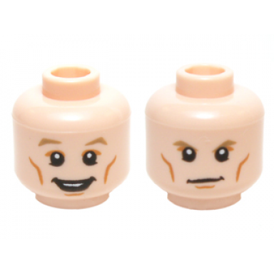 light nougat minifigure head dual sided dark tan eyebrows white pupils cheek lines with open mouth smile determined pattern