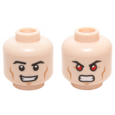 light nougat minifigure head dual sided black eyebrows cheek lines chin dimple open mouth smirk bared teeth with red eyes pattern superman hyperion