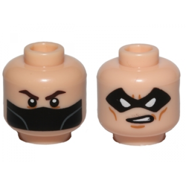 light nougat minifigure head dual sided dark brown eyebrows and black bandana black eye mask with eye holes and open mouth scowl with teeth pattern