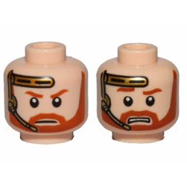 light nougat minifigure head dual sided dark orange trim beard and headset closed mouth bared teeth pattern sw obi-wan