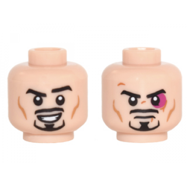 light nougat minifigure head dual sided black eyebrows moustache and goatee medium nougat cheek lines open mouth smile with teeth angry frown and magenta black eye pattern