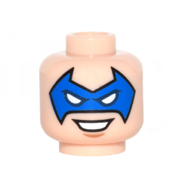 light nougat minifigure head male blue eye mask pointed with white eyes nougat chin dimple open mouth smile with teeth pattern
