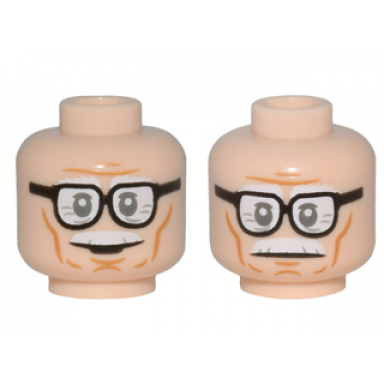light nougat minifigure head dual sided black frame glasses white moustache wrinkles cheek lines smile frown pattern alfred