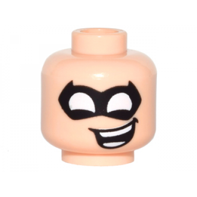 light nougat minifigure head male black eye mask pointed with white eye holes and open mouth crooked smile pattern