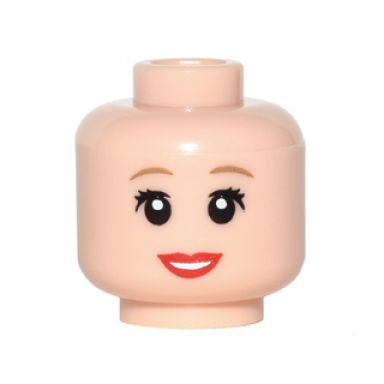 light nougat minifigure head female dark tan eyebrows red lips open mouth smile eyelashes pattern alice