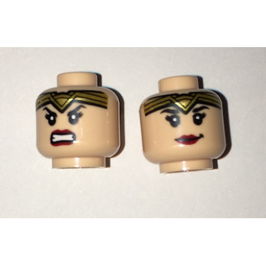 light nougat minifigure head dual sided female gold tiara black eyebrows eyelashes red lips lopsided smile angry pattern