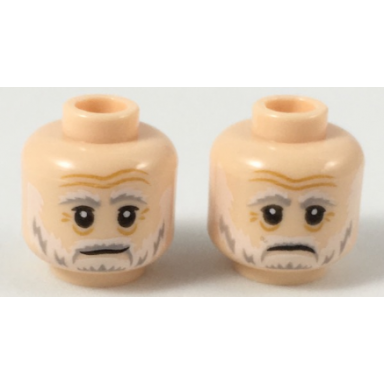 light nougat minifigure head dual sided gray eyebrows beard moustache white pupils slight smile sad pattern sw lor san tekka