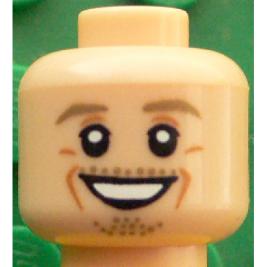 light nougat minifigure head dark tan eyebrows chin stubble white pupils cheek lines open smile pattern max kruse
