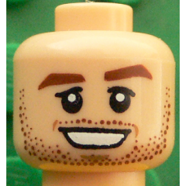 light nougat minifigure head reddish brown thick eyebrows and stubble black eyelids medium nougat dimples open mouth smile with teeth pattern