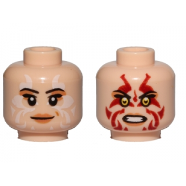 light nougat minifigure head dual sided female peach lips white tribal tattoos smile red tribal tattoos angry pattern sw naare
