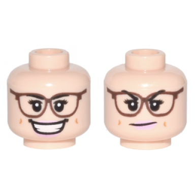 light nougat minifigure head dual sided female reddish brown glasses bright pink lips open smile smirk pattern abby yates