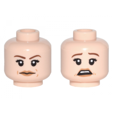 light nougat minifigure head dual sided female reddish brown eyebrows dark tan lips neutral scared pattern