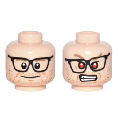 light nougat minifigure head dual sided black glasses dark tan eyebrows stubble beard smile red eyes angry pattern kevin beckman