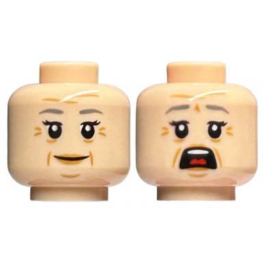 light nougat minifigure head dual sided female dark bluish gray eyebrows wrinkles smile open mouth scared pattern