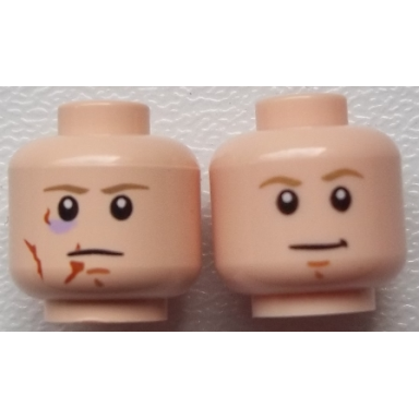 light nougat minifigure head dual sided dark tan eyebrows chin dimple white pupils stern with scars smile pattern sw luke skywalker