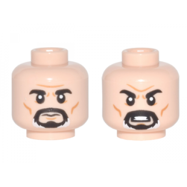 light nougat minifigure head dual sided black eyebrows black and white goatee wrinkles and cheek lines neutral angry pattern