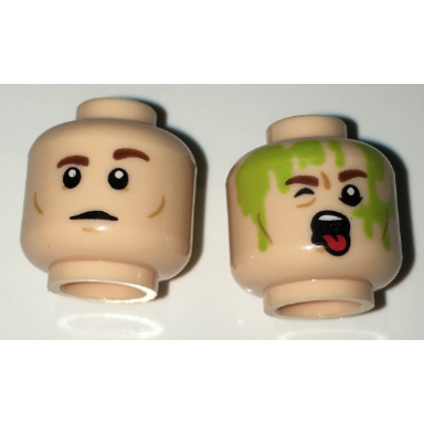 light nougat minifigure head dual sided reddish brown eyebrows closed mouth open mouth with tongue slimed pattern