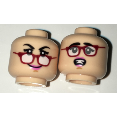 light nougat minifigure head dual sided female black eyebrows red glasses and pink lips fallen glasses scared pattern
